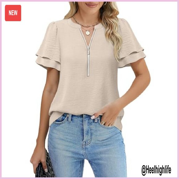 Ruffle Sleeve Zipper V-Neck Blouse - Work Office Casual Top - Picture 5 of 8